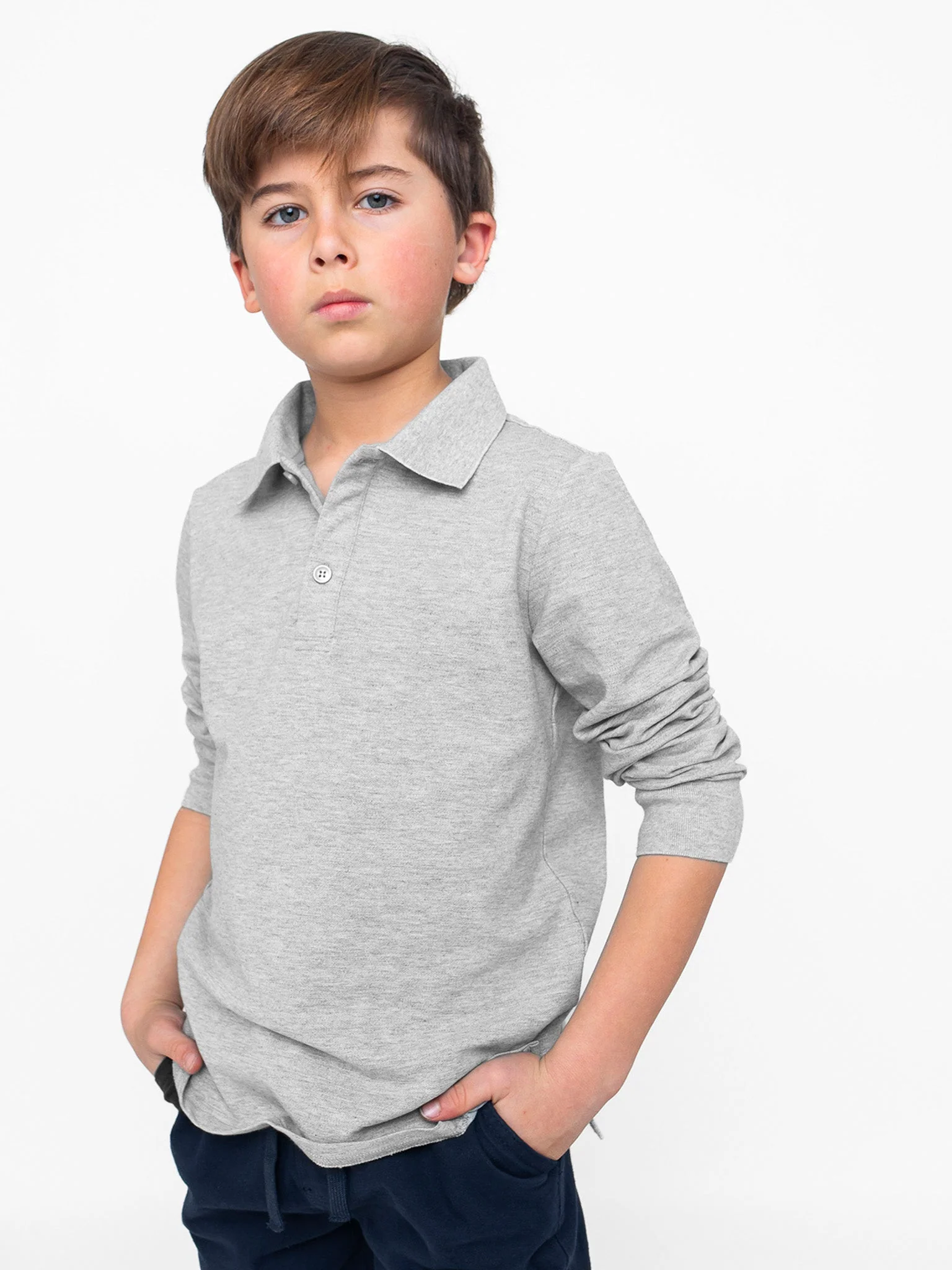 Basic Long Sleeve Polo Shirt - Grey - Image 3